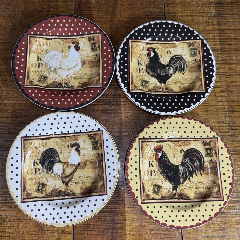 SET (4)‎ Sakura Table, Oneida RETRO ROOSTER Stoneware 8.25" Salad/Dessert Plates